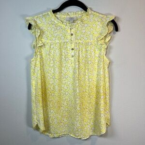 Loft Outlet Sleeveless Floral Ruffle Half Up Button Blouse Shirt Yellow Sz Small